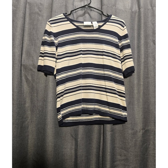 Liz Claiborne Striped Knit Top Short Sleeve Crew Neck Pullover Casual Everyday M - Picture 1 of 7